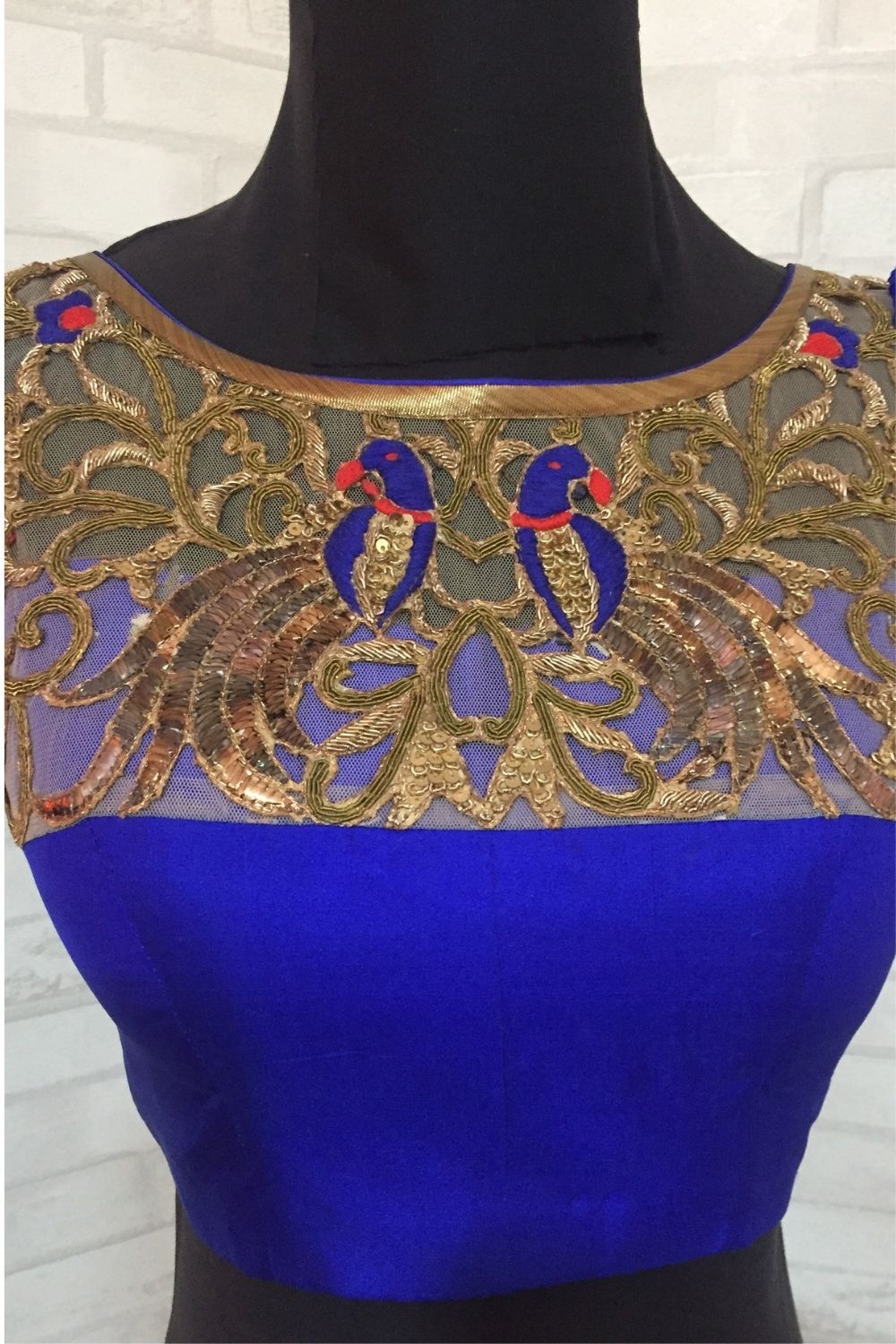 Royal blue pure silk blouse with embellished yoke - House of Blouse