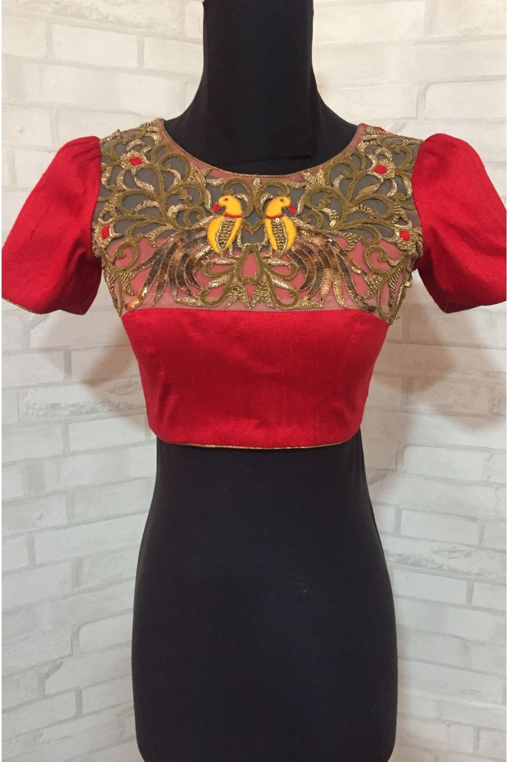Red pure silk blouse with embellished yoke - House of Blouse