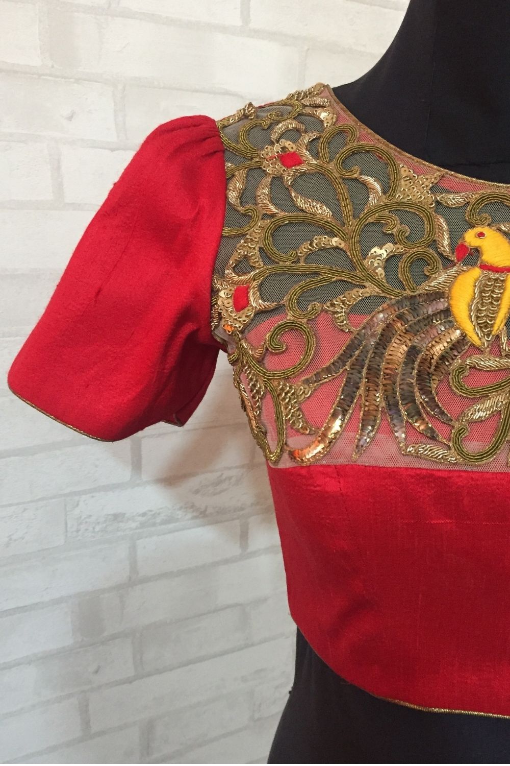 Red pure silk blouse with embellished yoke - House of Blouse