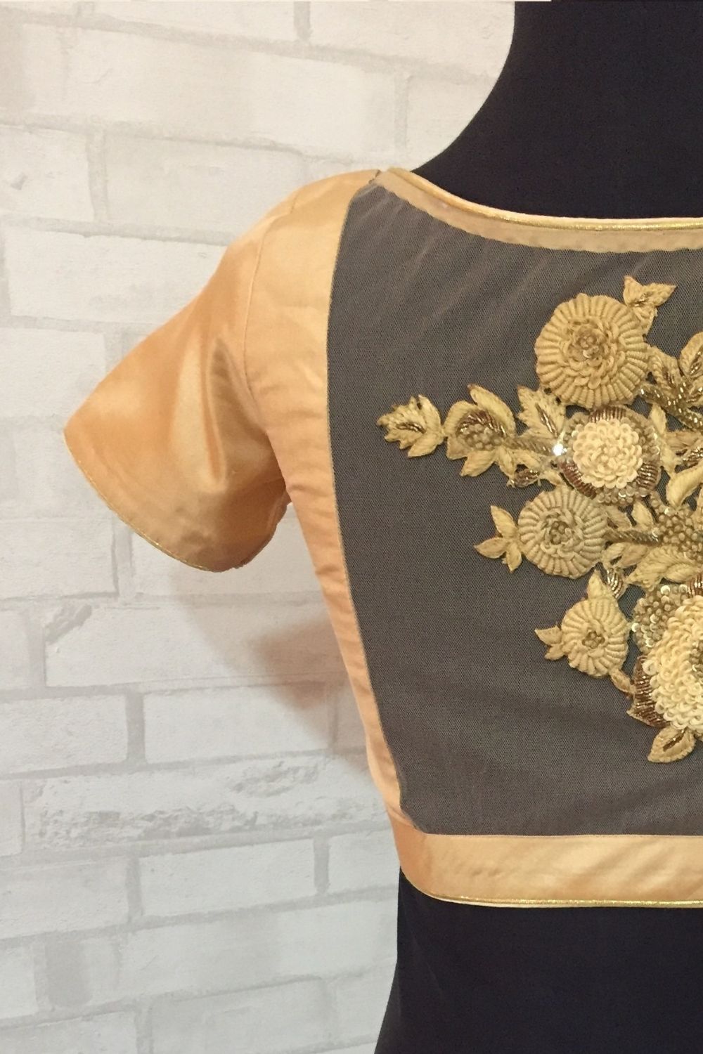 Cream silk V neck blouse with a embroidered sheer back - House of Blouse