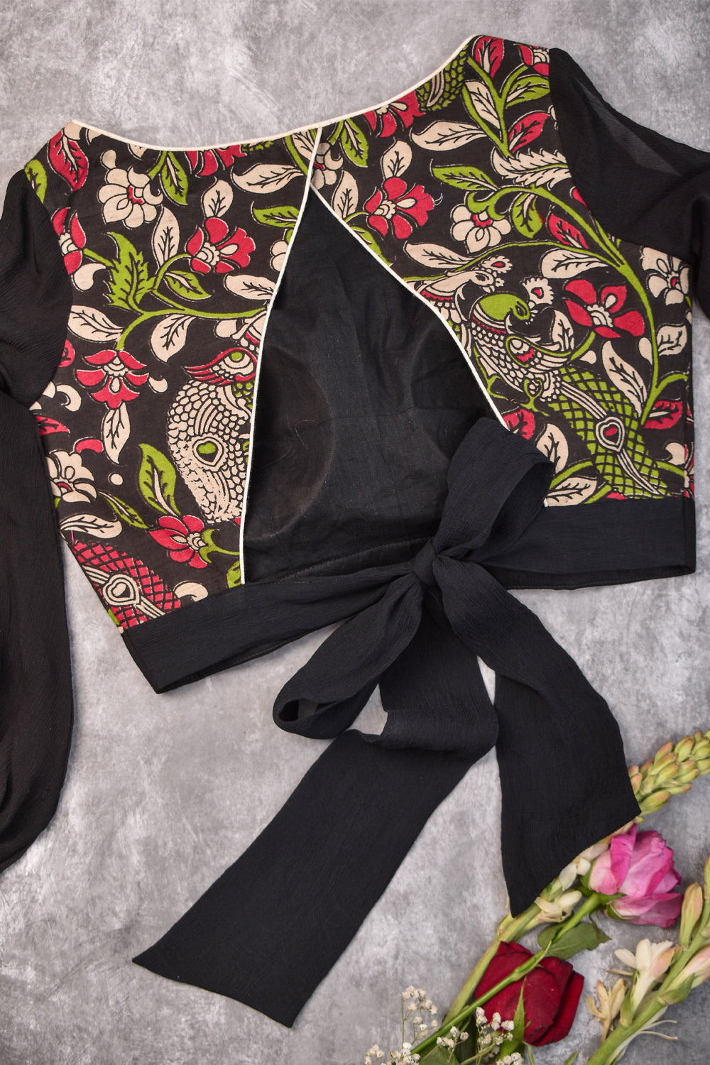 Black floral kalamkari Boatneck blouse with sleeve detailing
