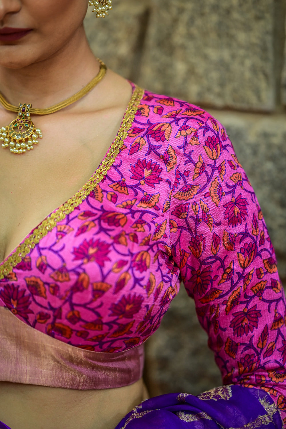 Hot pink floral pure rawsilk full sleeve V neck blouse with lace detailing