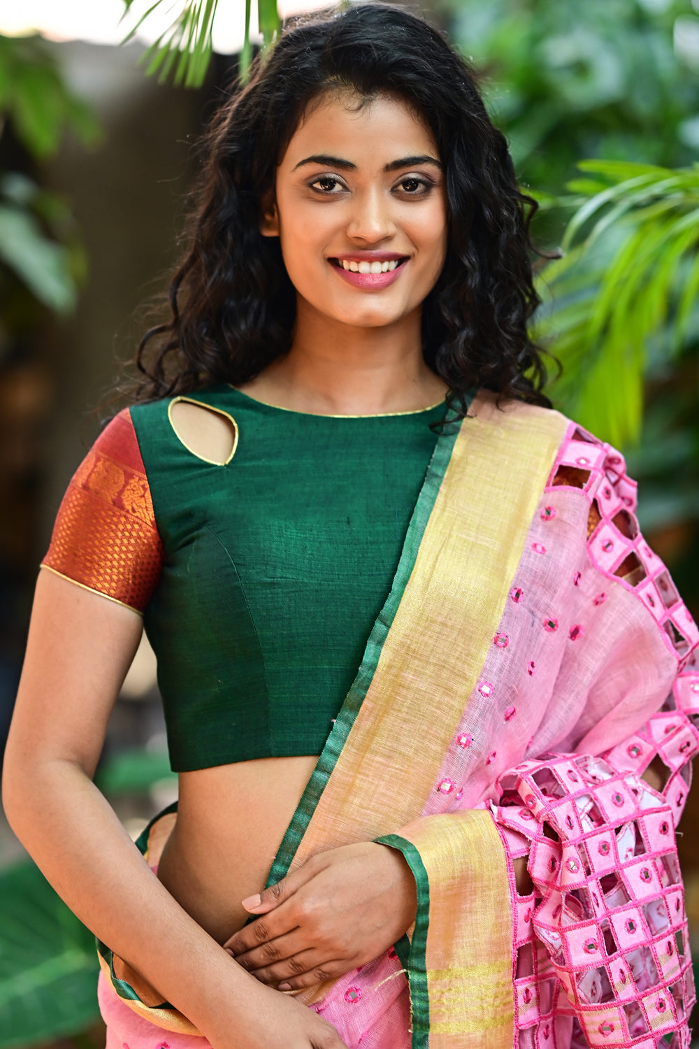 Forest green close neck cutout blouse with tie back in narayanpet cotton