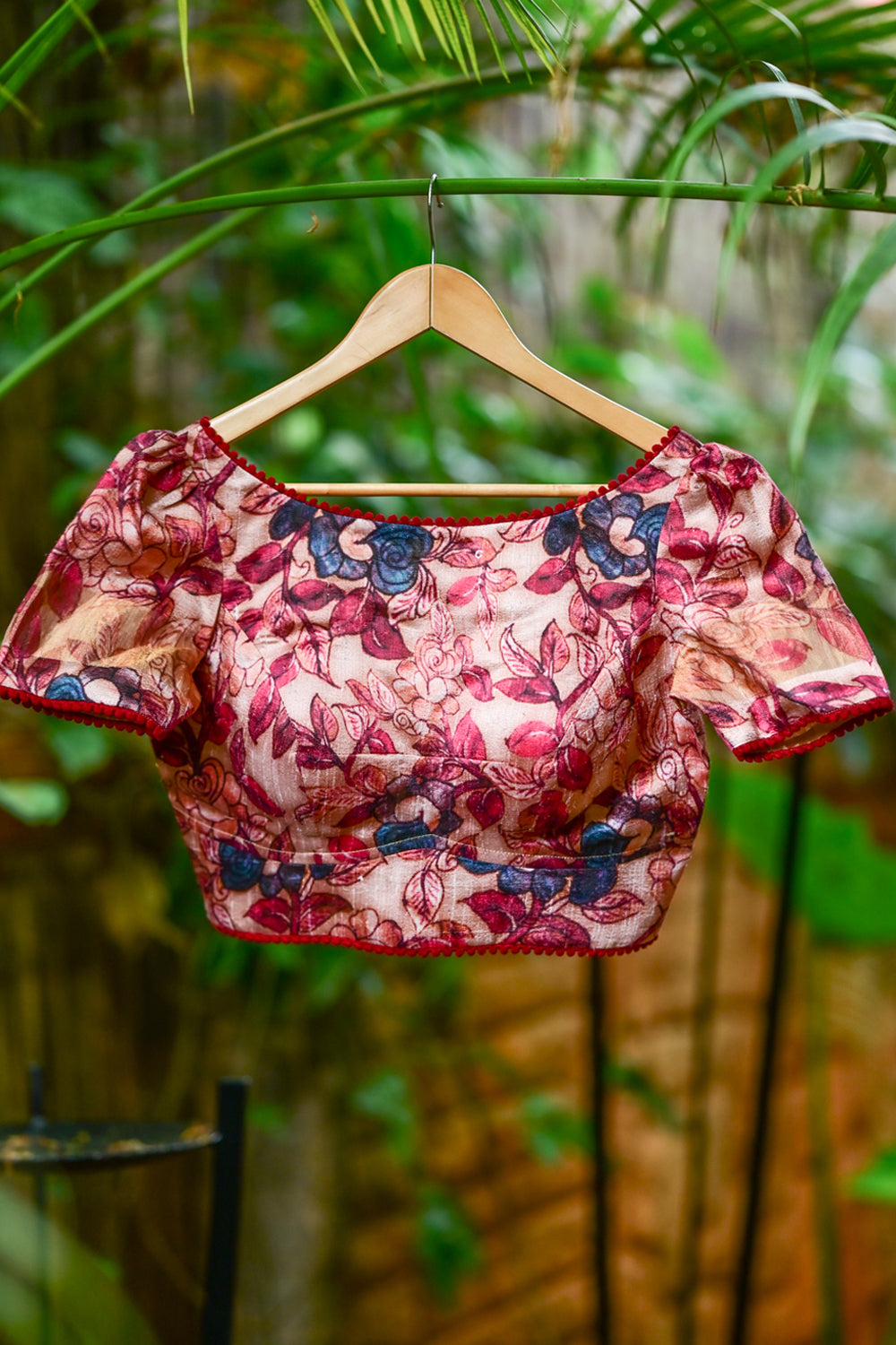Beige floral  pure rawsilk boatneck blouse with maroon floral print and lace detailing