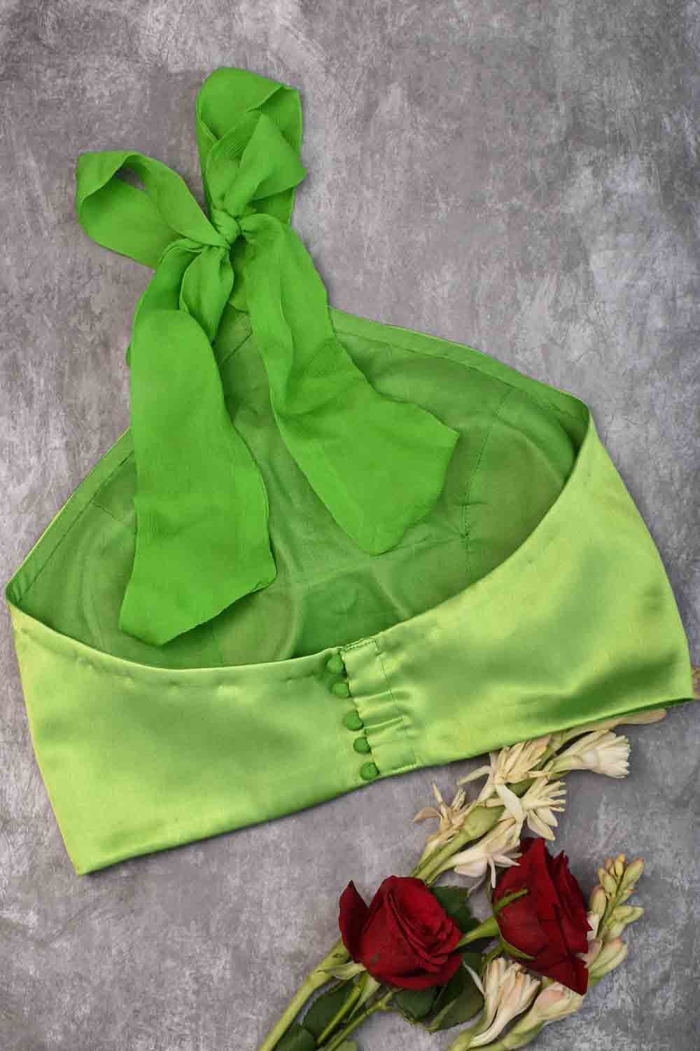 Neon Green Satin Halter neck blouse with chiffon tie back