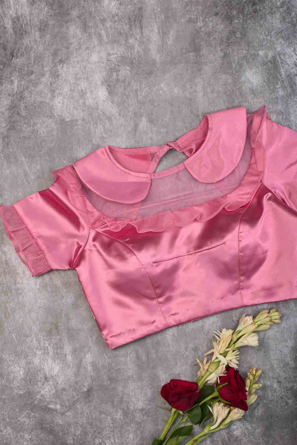 Candy pink satin peter pan blouse with net frill detailing