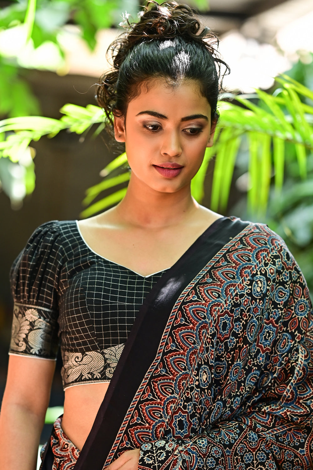 Black & silver checked sweetheart neck blouse with puff sleeves in Chettinad cotton
