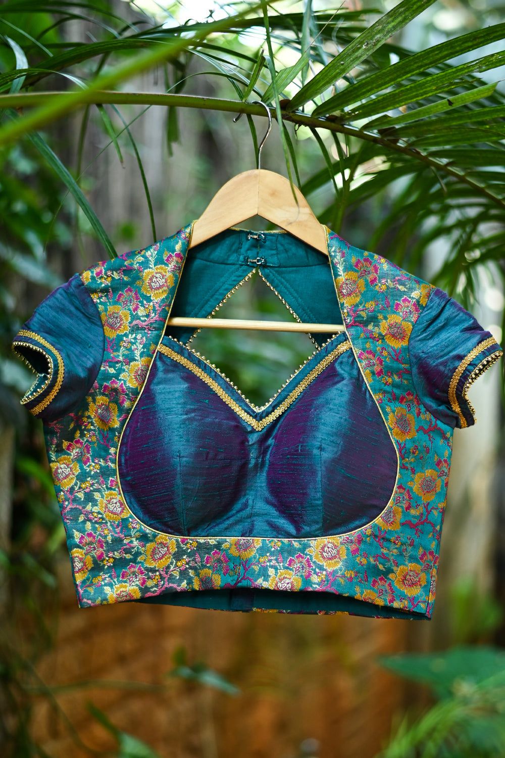Cerulean blue Banaras brocade & raw silk sweet heart neck blouse