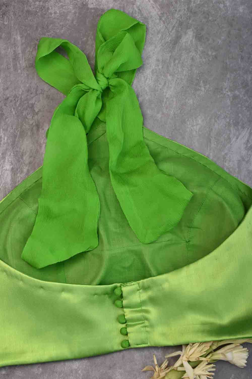 Neon Green Satin Halter neck blouse with chiffon tie back