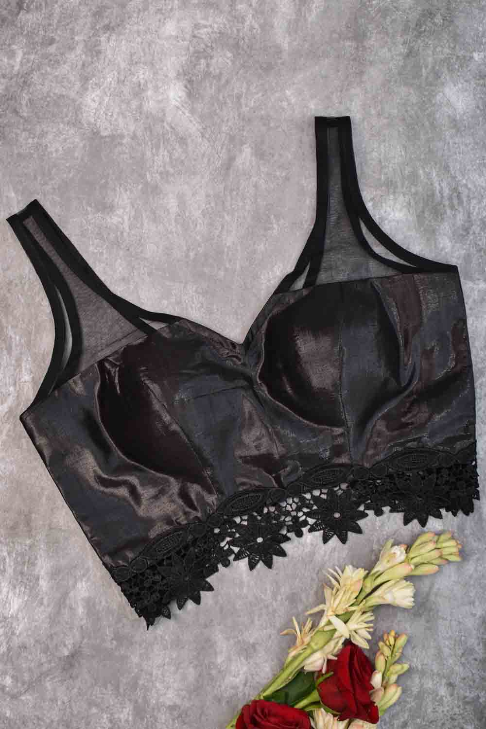 Black shimmer sweet heart neck blouse with net yoke & lace detailing