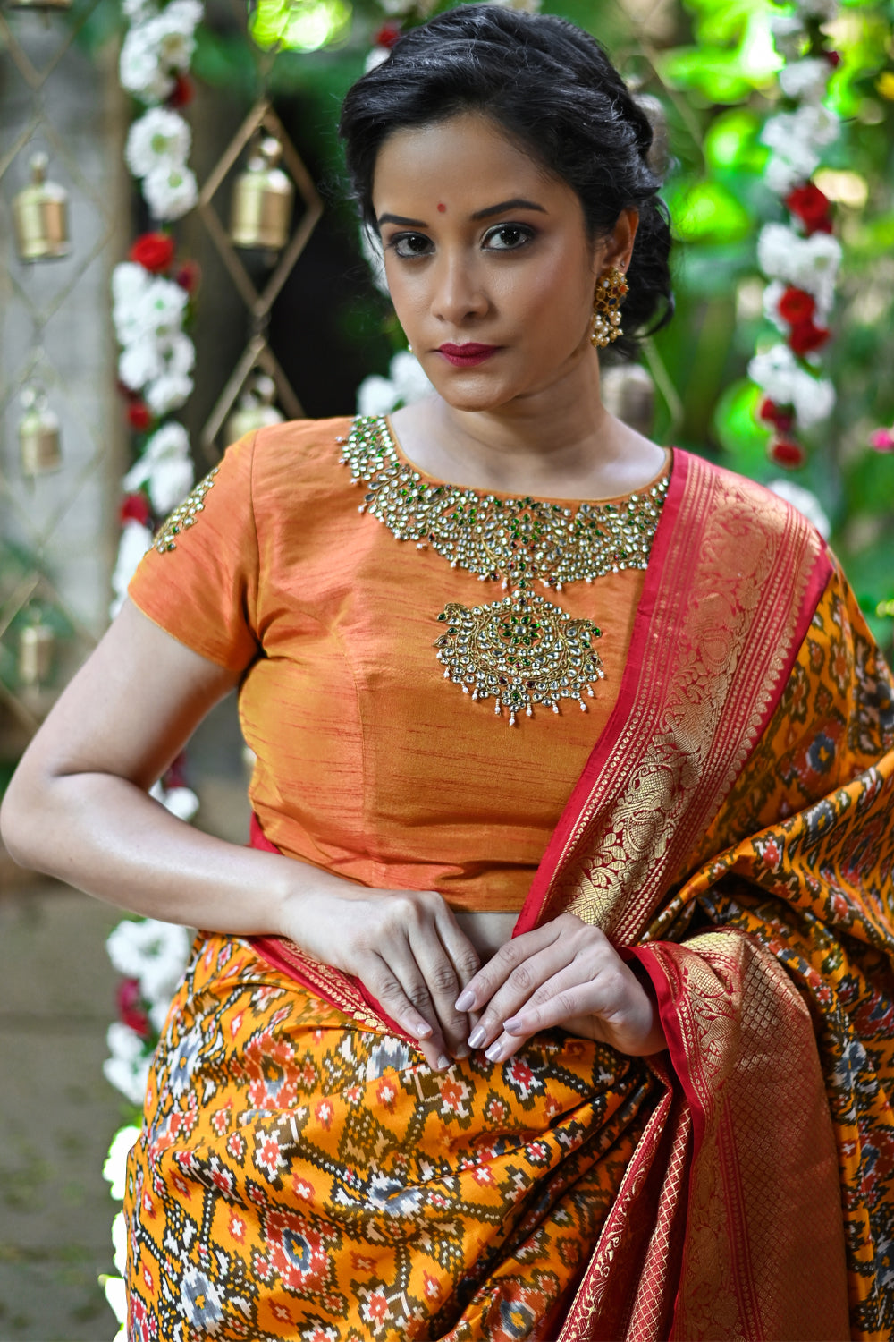 Orange Kundan Jadau Blouse in Necklace design rawsilk blouse