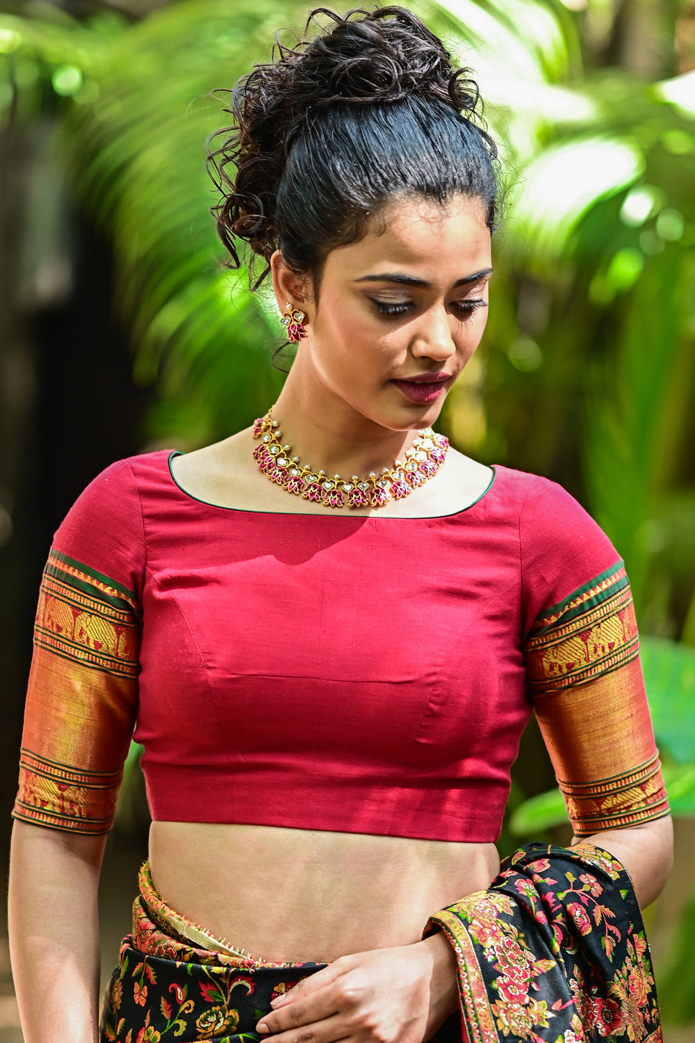 Red boatneck blouse with tie back with gold zari sleeves in narayanpet cotton