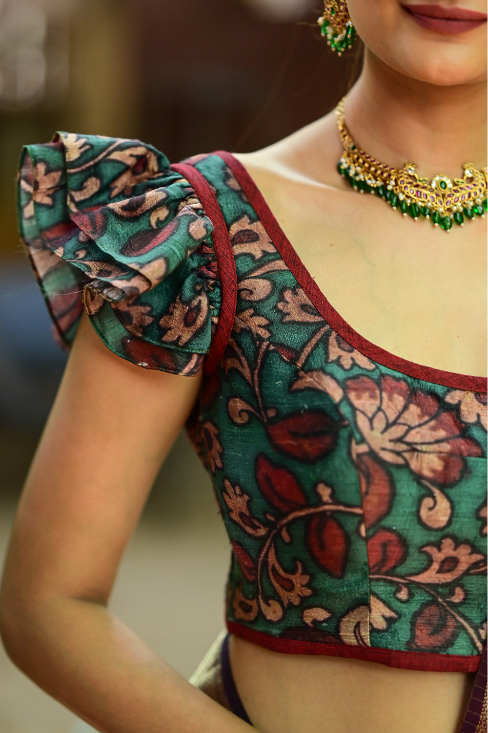 Dark green floral pure rawsilk ruffle sleeves U neck blouse.