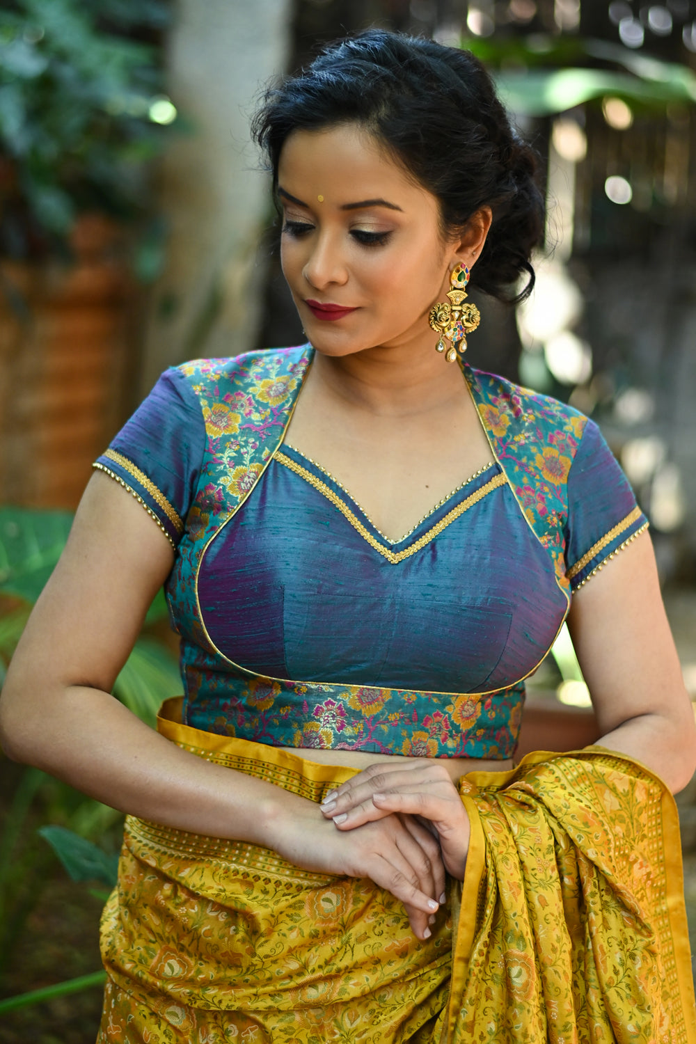Cerulean blue Banaras brocade & raw silk sweet heart neck blouse