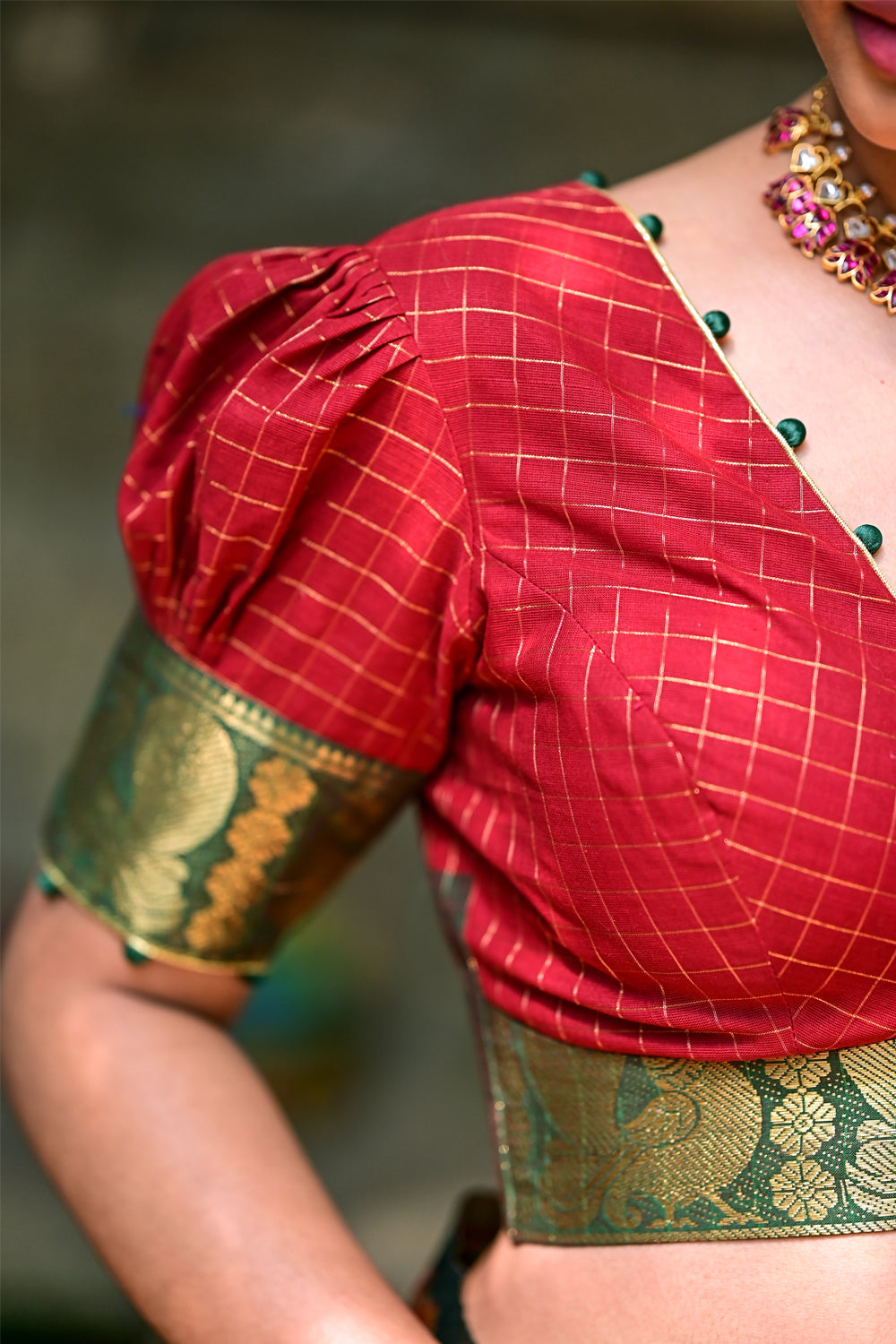 Chili red deep V neck checked blouse with puff sleeves in Chettinad cotton