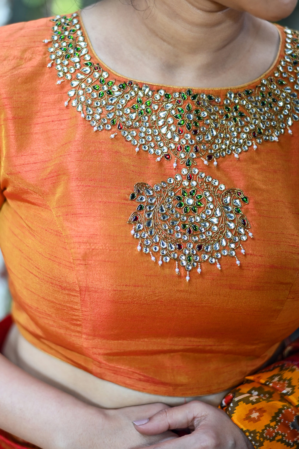 Orange Kundan Jadau Blouse in Necklace design rawsilk blouse