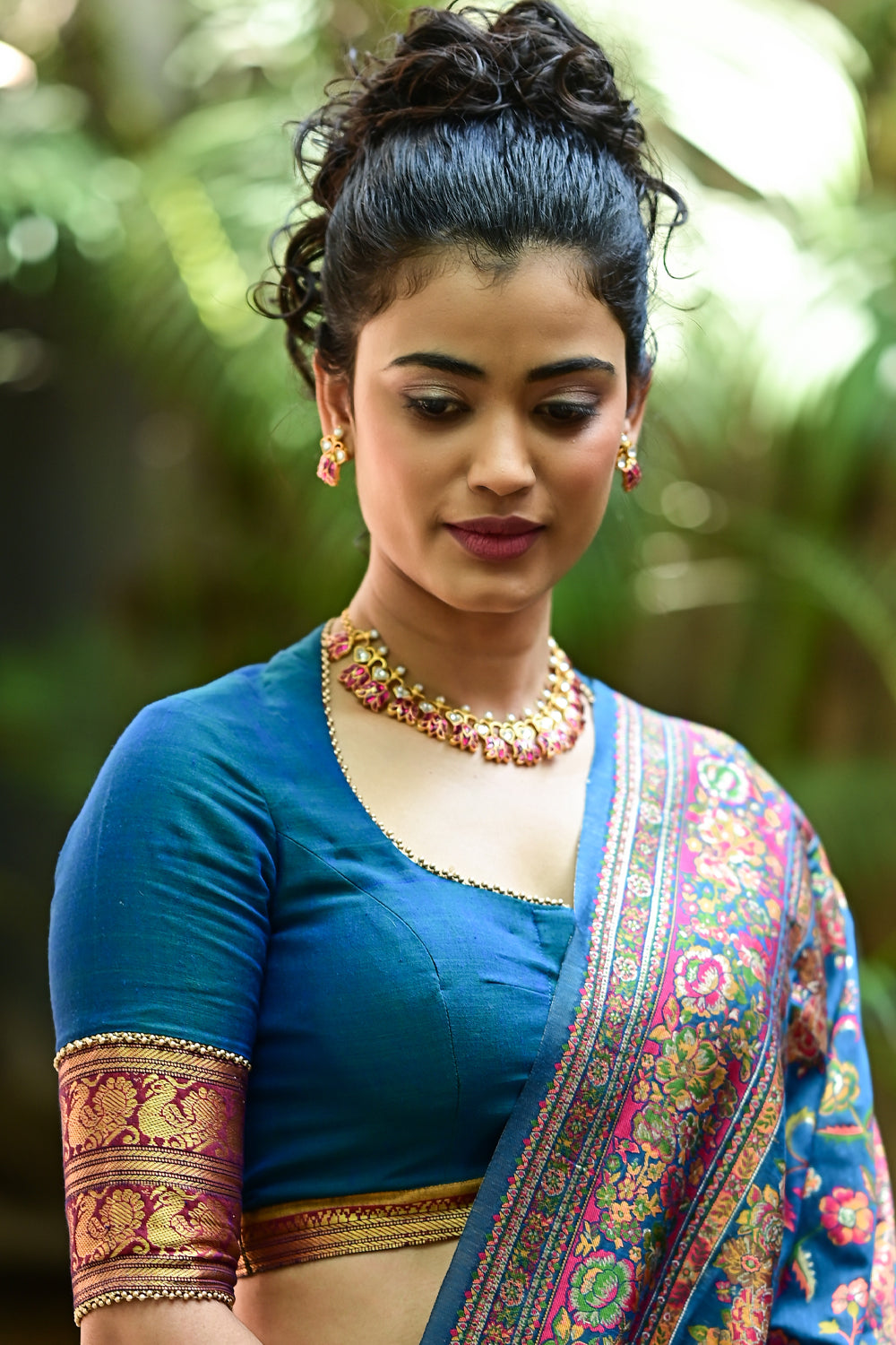 Blue sapphire pot neck blouse in Narayanpet cotton