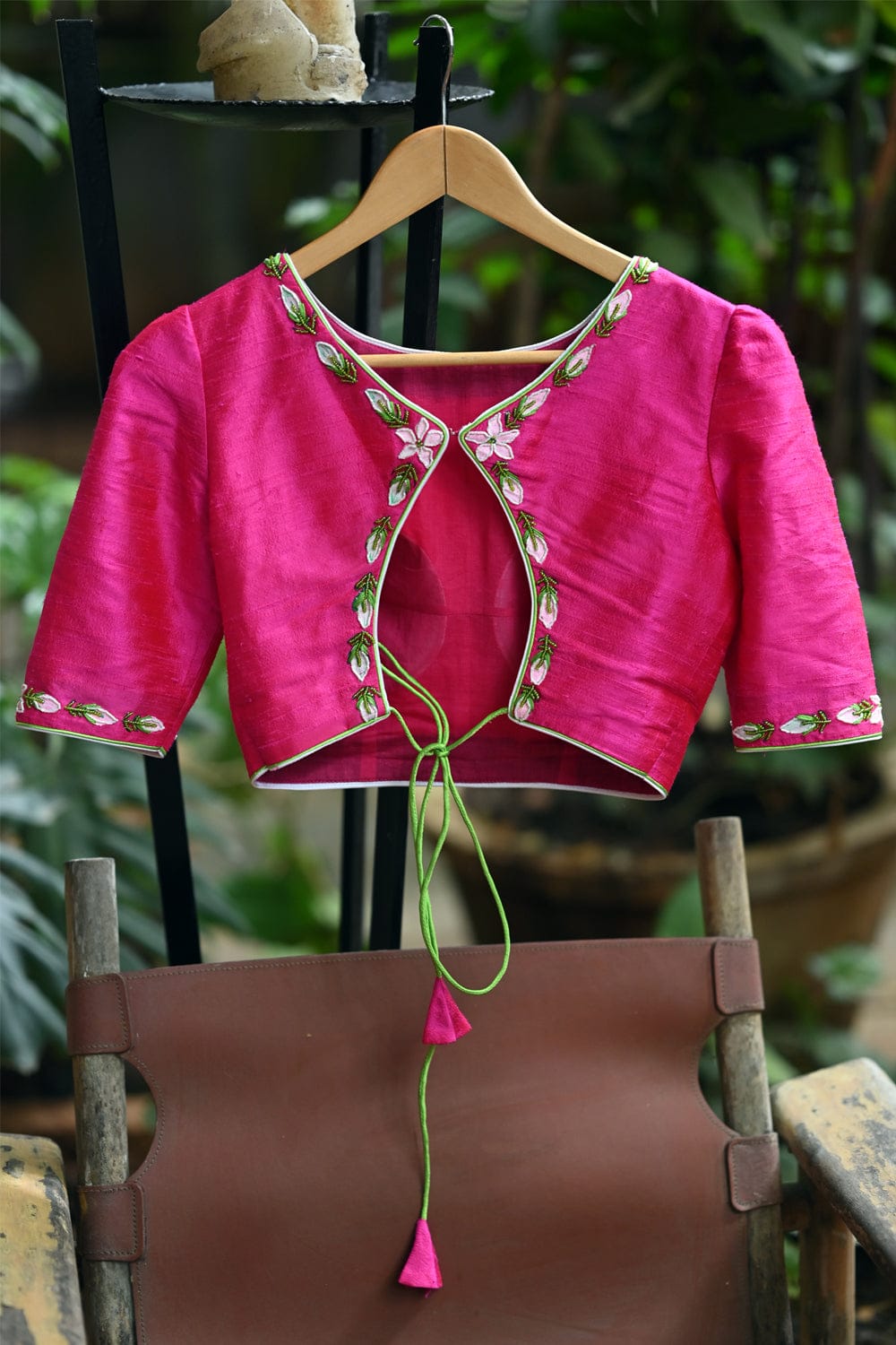 Hot pink raw silk close neck blouse with handpainted and embroidered malli poovu