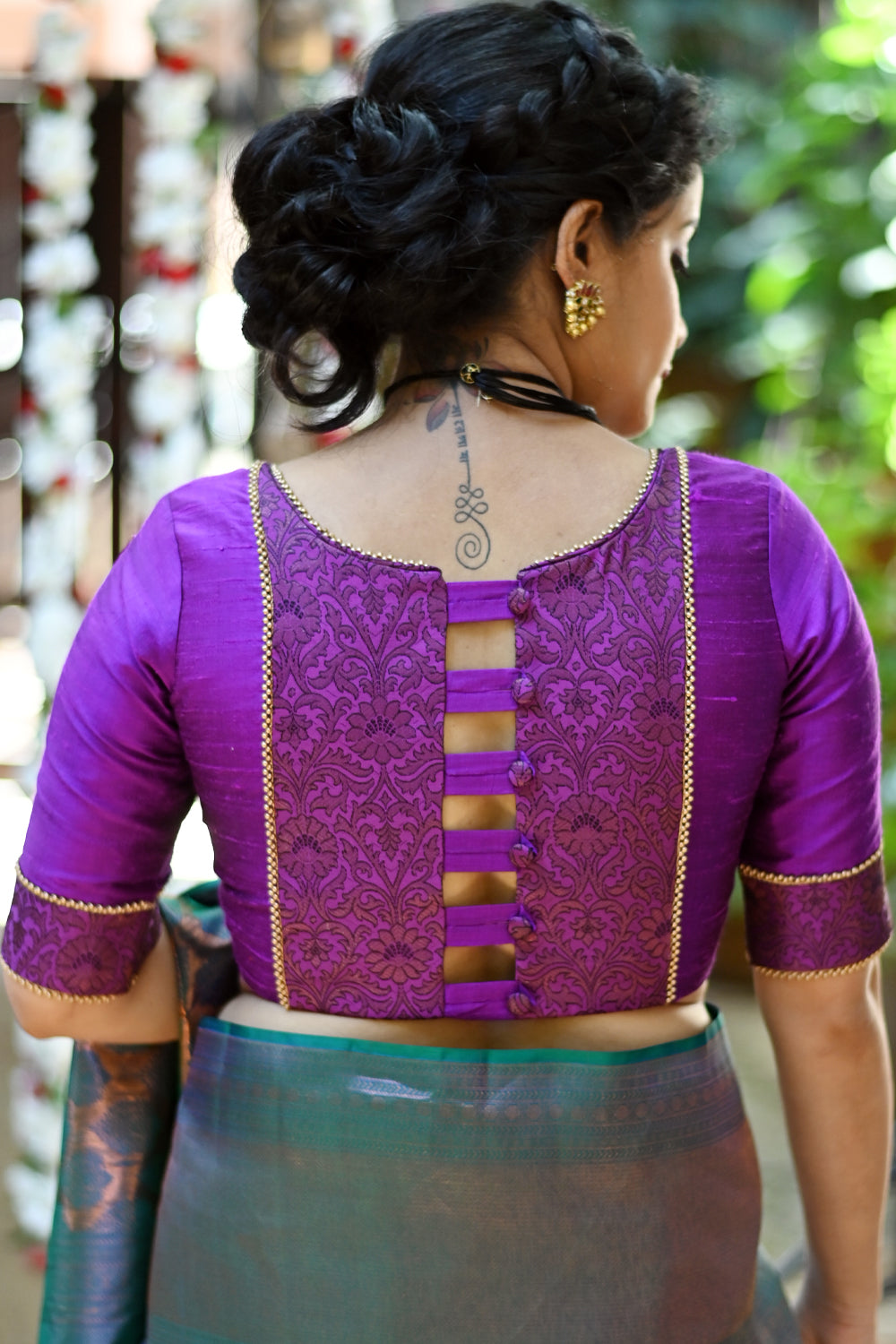 Violet rawsilk with purple brocade U neck blouse