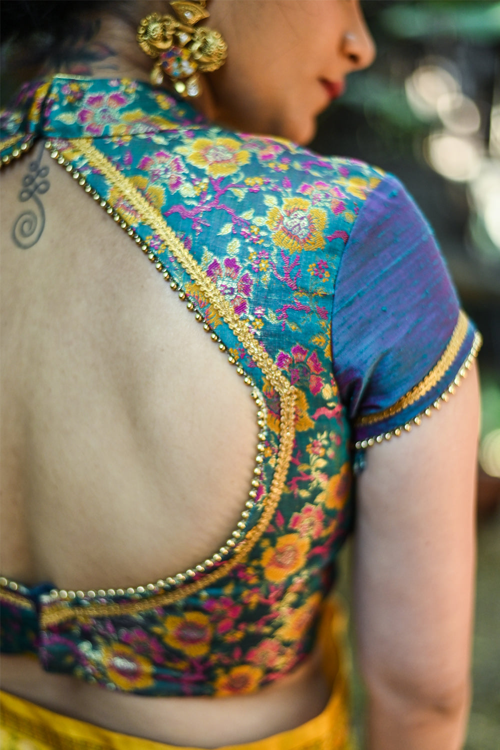 Cerulean blue Banaras brocade & raw silk sweet heart neck blouse
