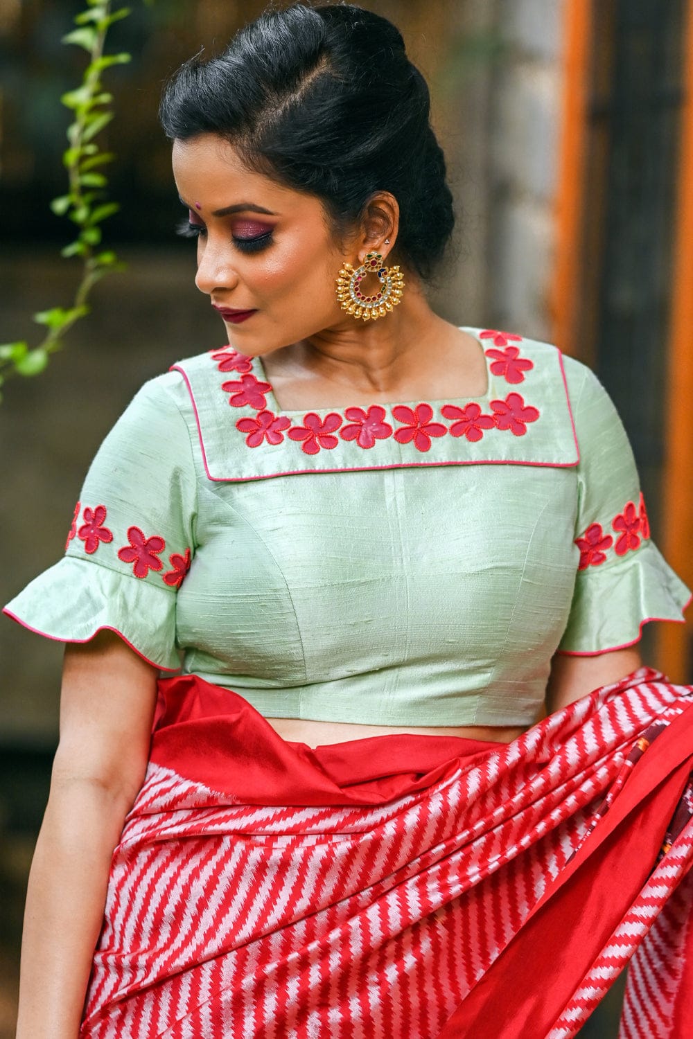 Pista green rawsilk square neck collared blouse with hand painted and embroidered arali poovu