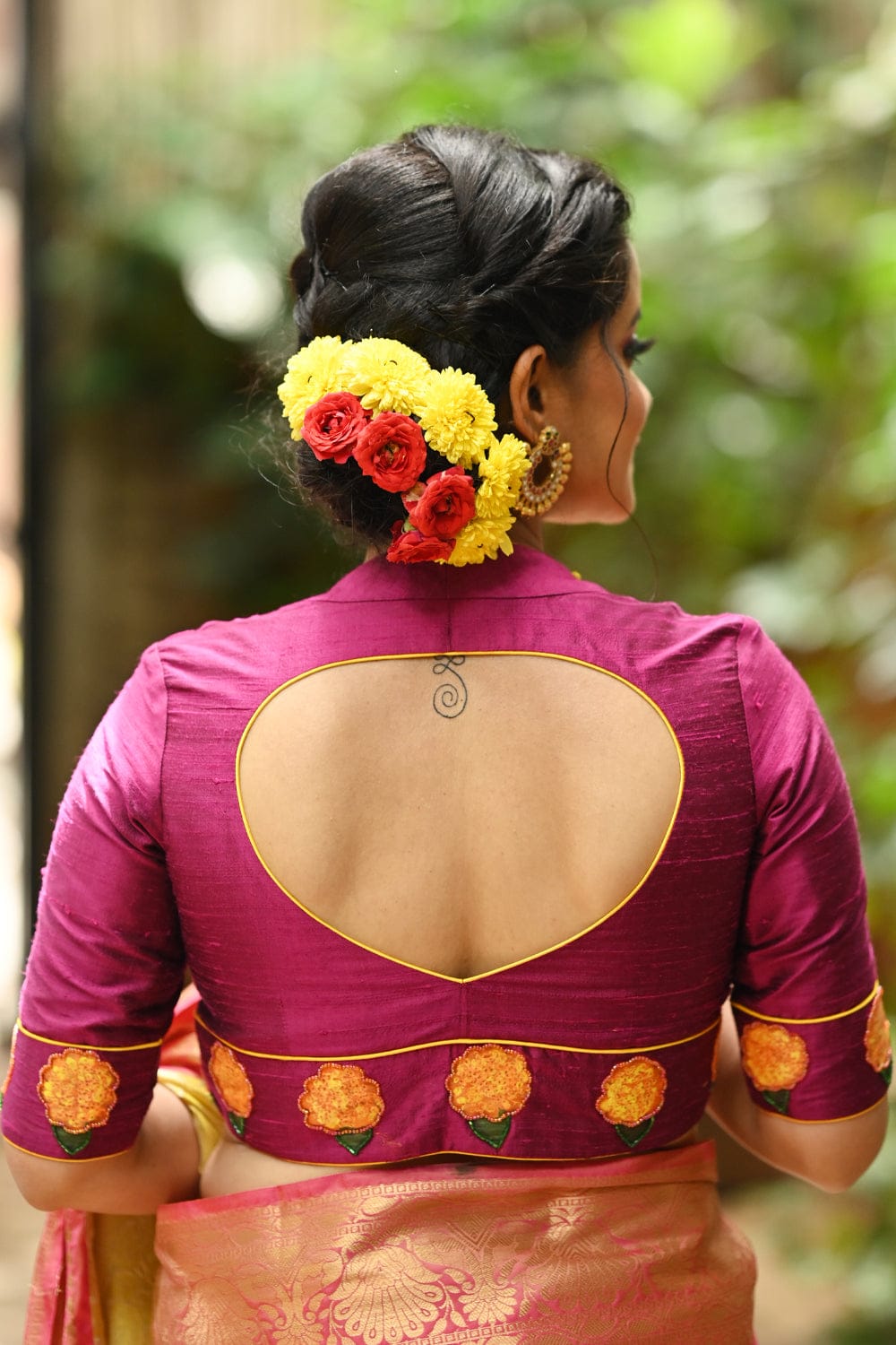 Magenta pink rawsilk  potneck blouse with hand painted and embroidered banthi poovu