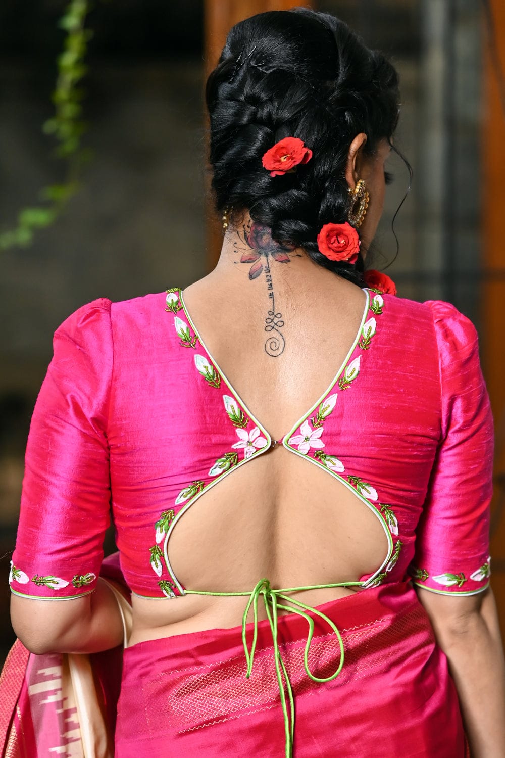 Hot pink raw silk close neck blouse with handpainted and embroidered malli poovu