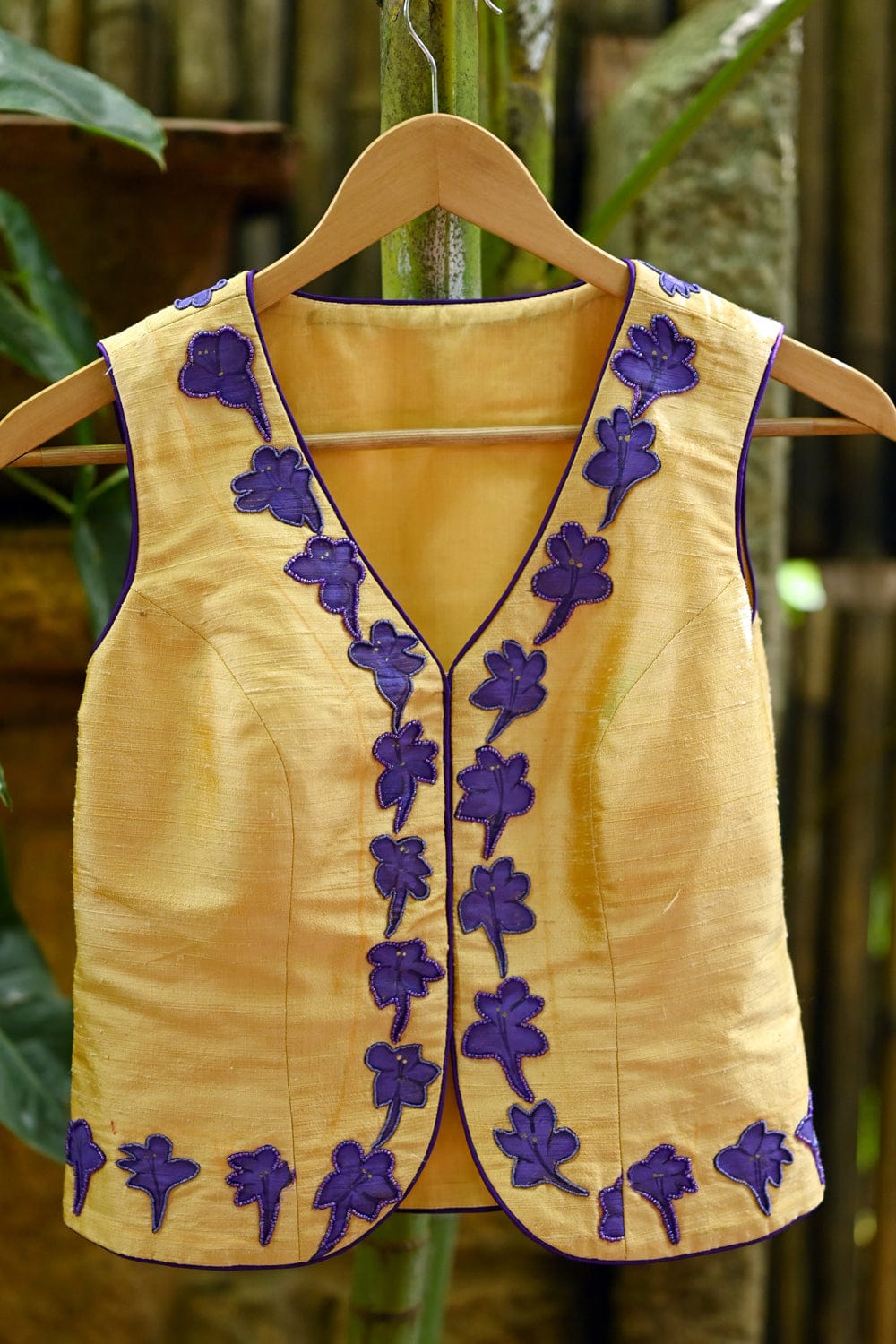 Beige raw silk jacket with hand painted and embroidered december poovu