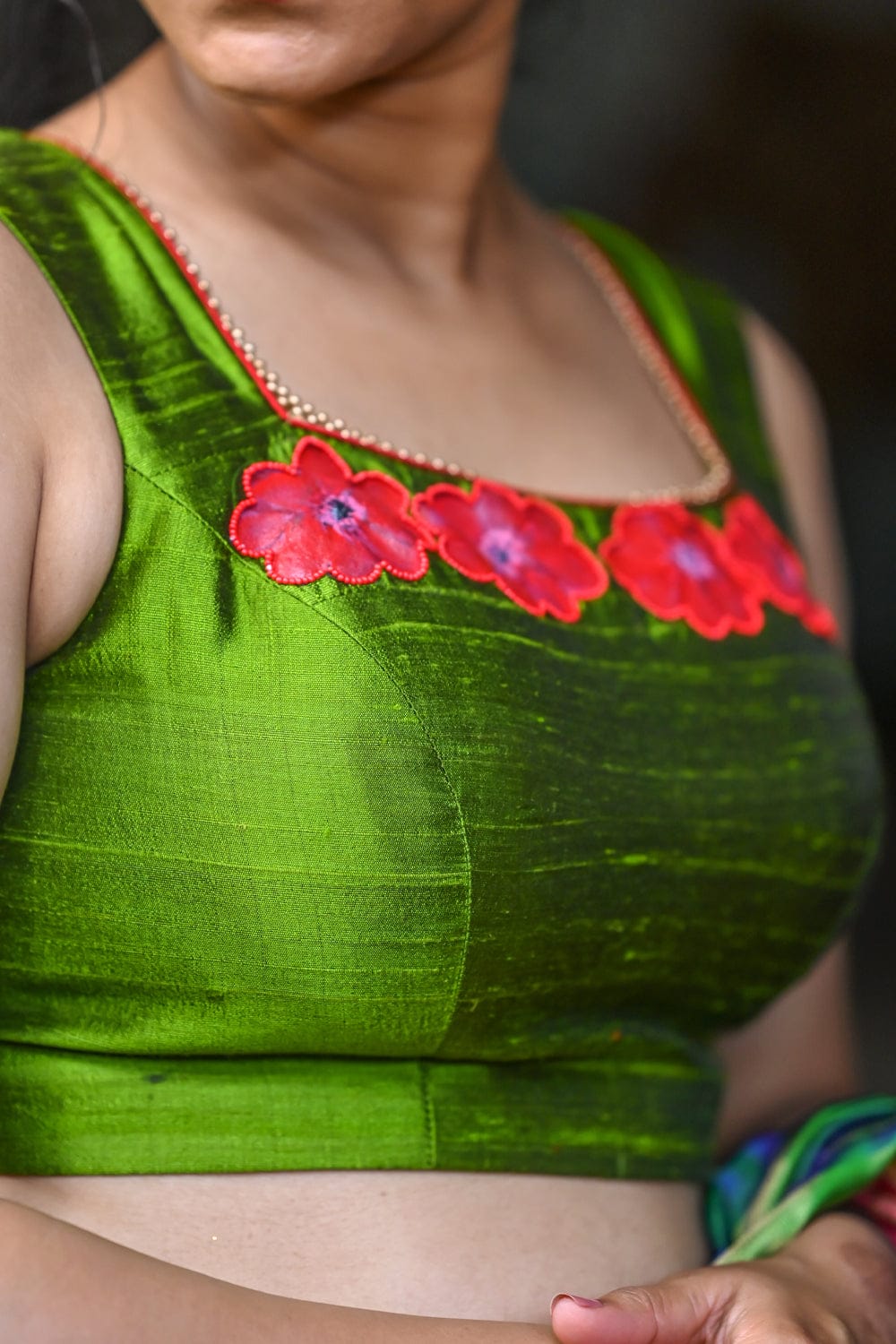 Olive green square neck blouse with handpainted and embroidered kathali poovu