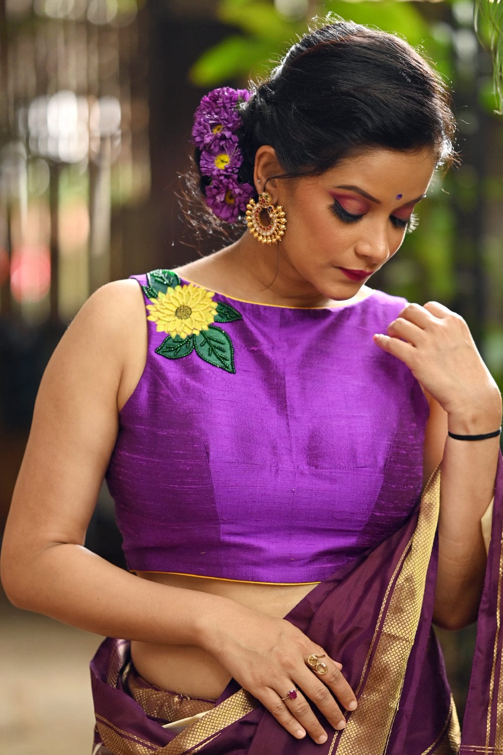 Violet raw silk boatneck blouse with  hand painted and embroidered suryakanthi