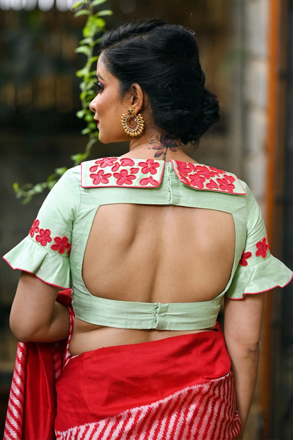 Pista green rawsilk square neck collared blouse with hand painted and embroidered arali poovu