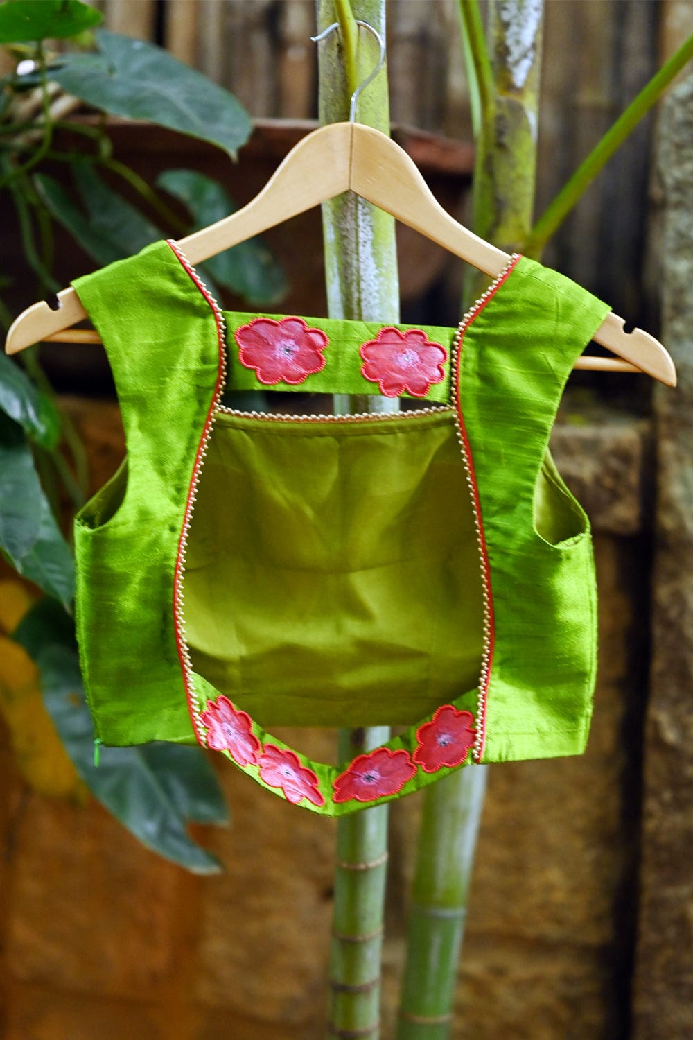 Olive green square neck blouse with handpainted and embroidered kathali poovu