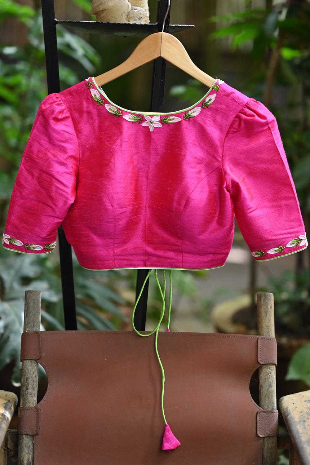 Hot pink raw silk close neck blouse with handpainted and embroidered malli poovu