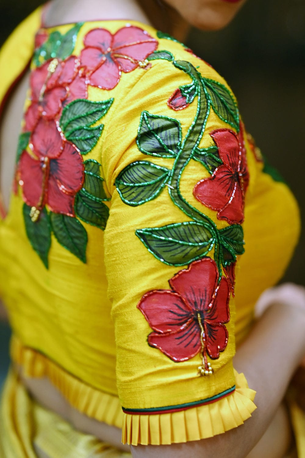 Yellow raw silk V neck blouse with hand painted and embroidered mandaram poovu