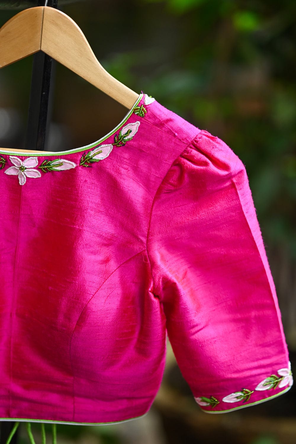 Hot pink raw silk close neck blouse with handpainted and embroidered malli poovu