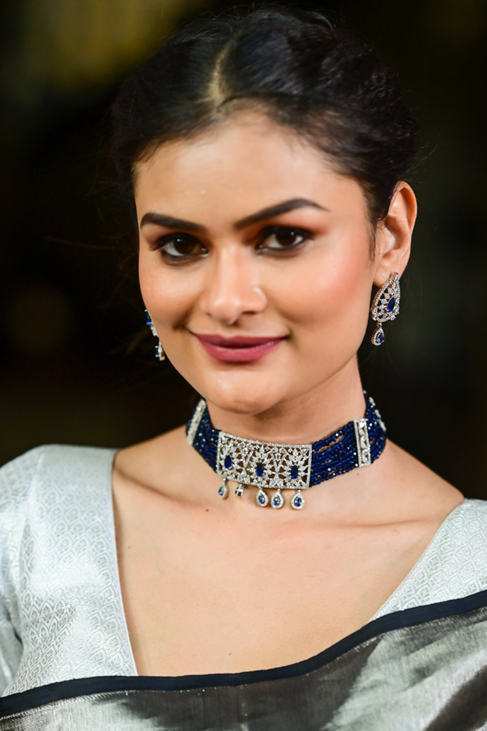 Blue multistrand crystals and White CZ stones Choker set with Earrings