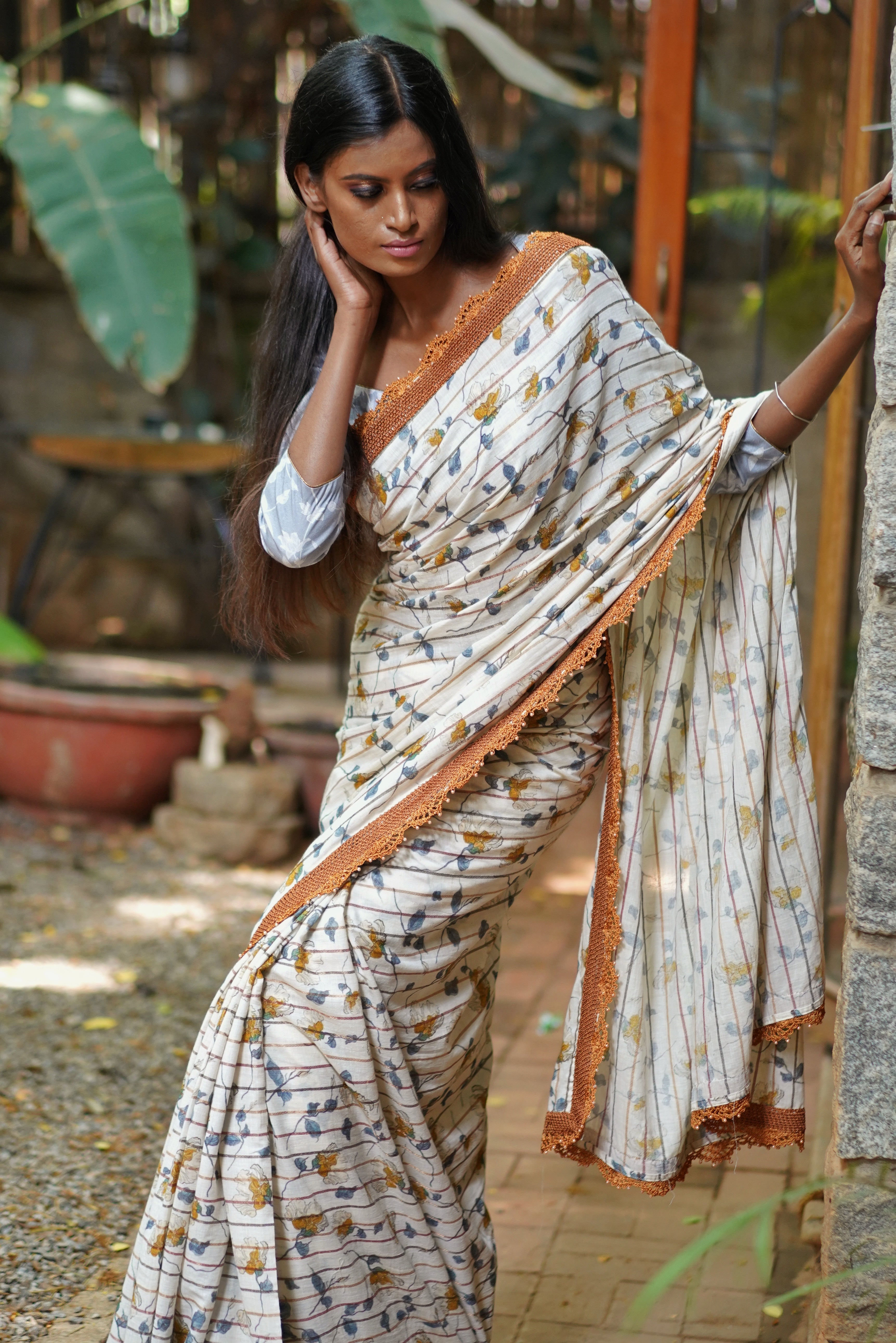 Off white and mustard floral muslin cotton saree with crochet border - House of Blouse