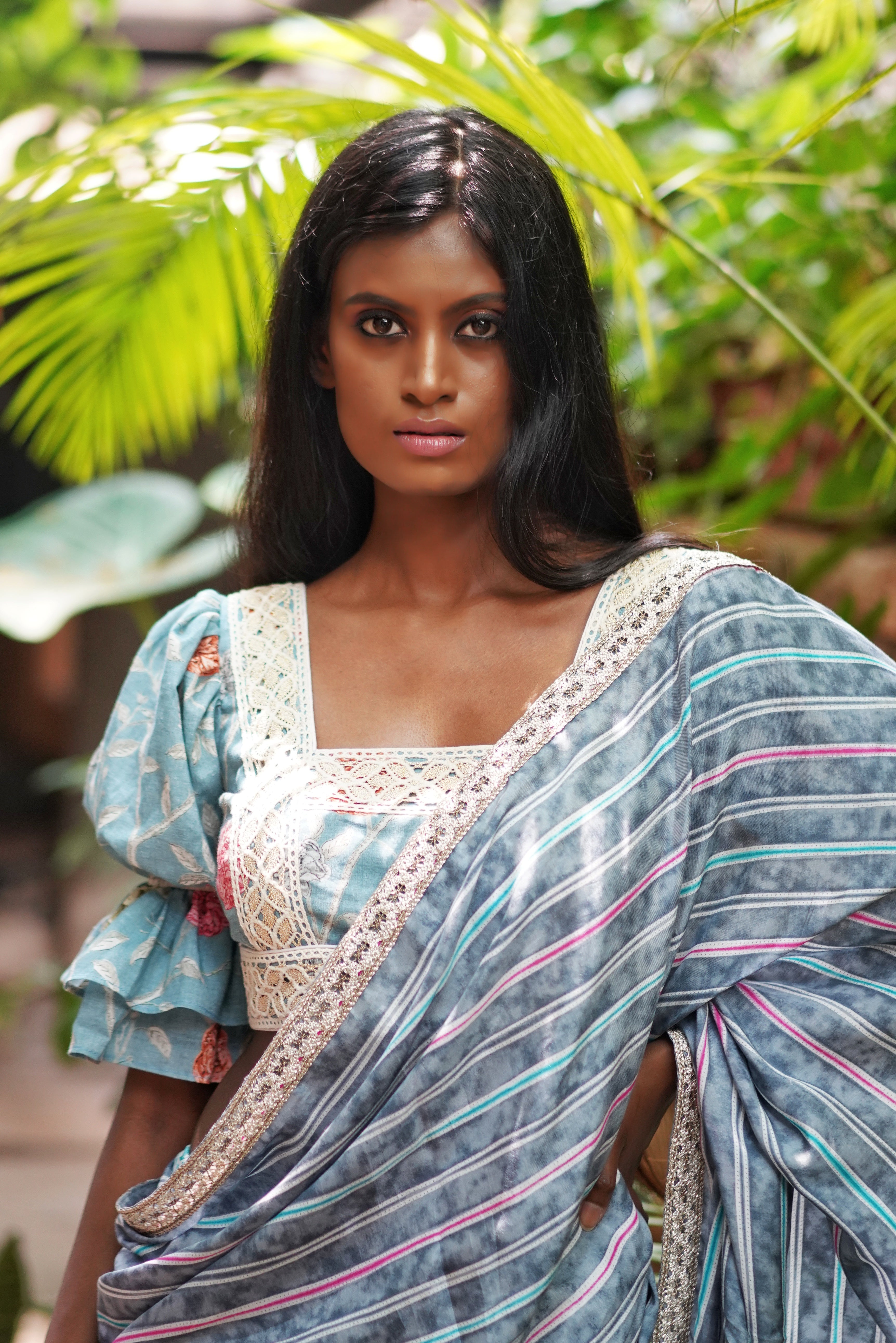 Powder blue & orange floral pure cotton square neck blouse with puff sleeves. - House of Blouse