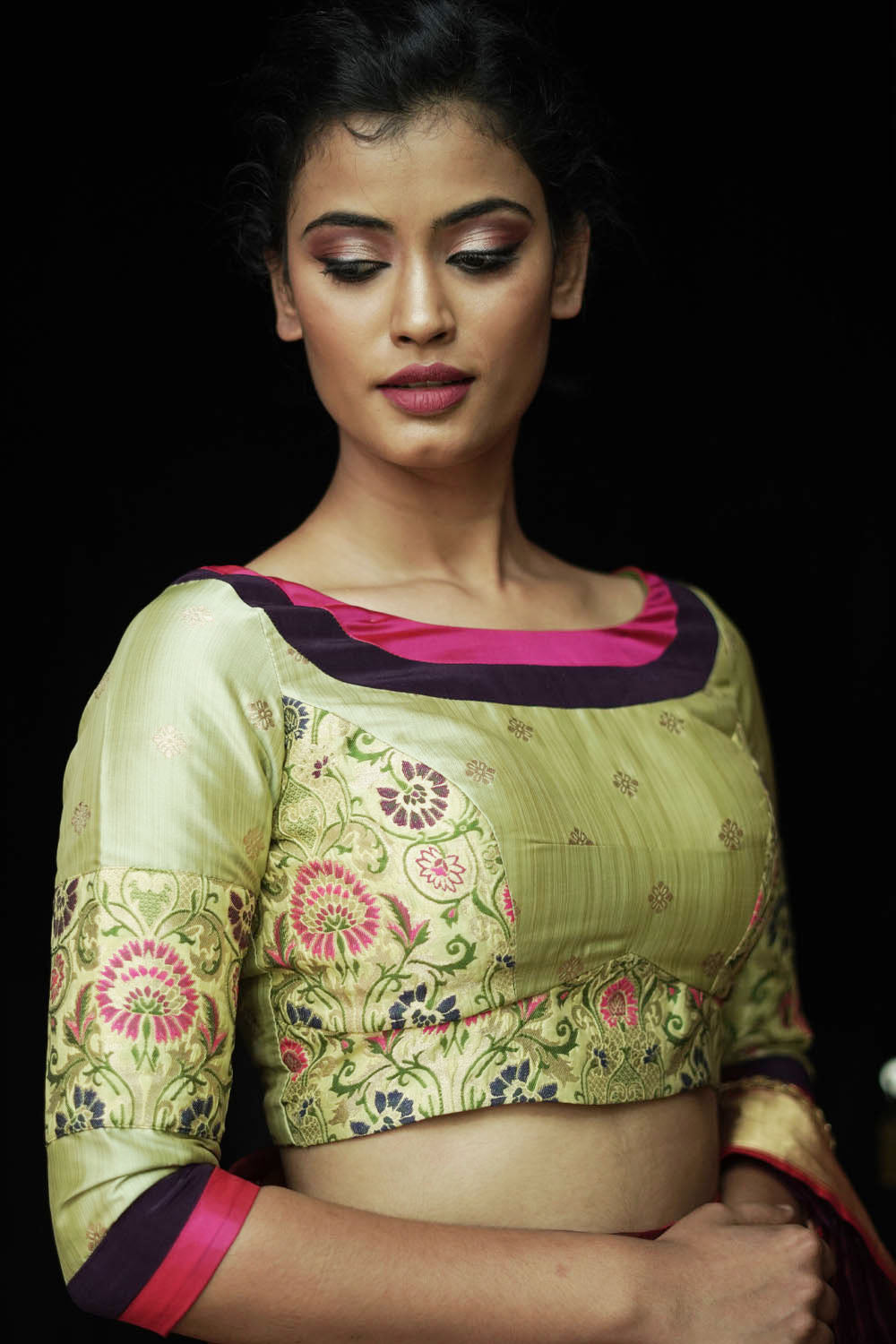 Pista green round neck banarasi brocade blouse with back detailing