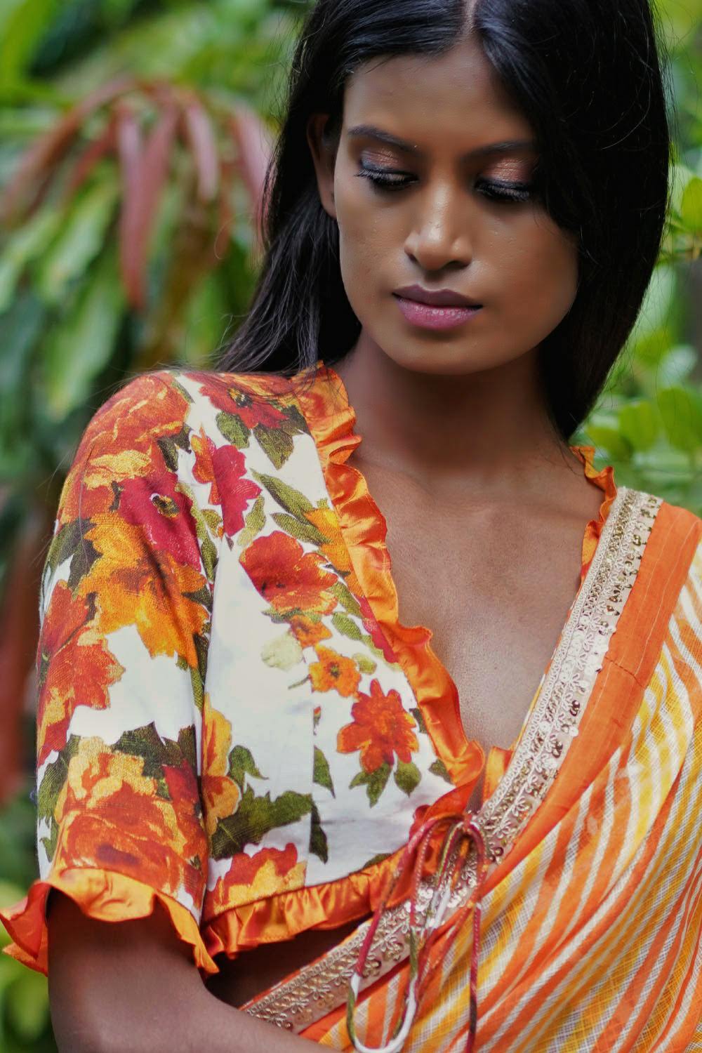 Off white and orange floral handspun & pure muslin v neck blouse with frill detailing - House of Blouse