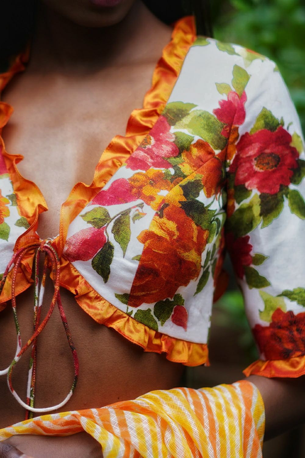 Off white and orange floral handspun & pure muslin v neck blouse with frill detailing - House of Blouse