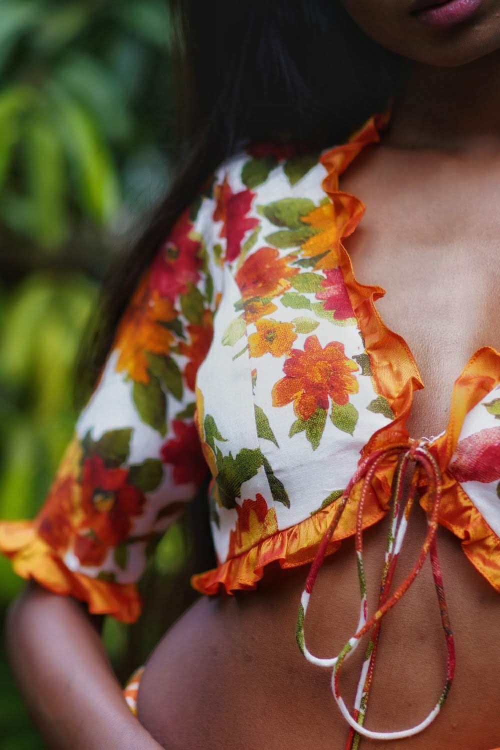 Off white and orange floral handspun & pure muslin v neck blouse with frill detailing - House of Blouse