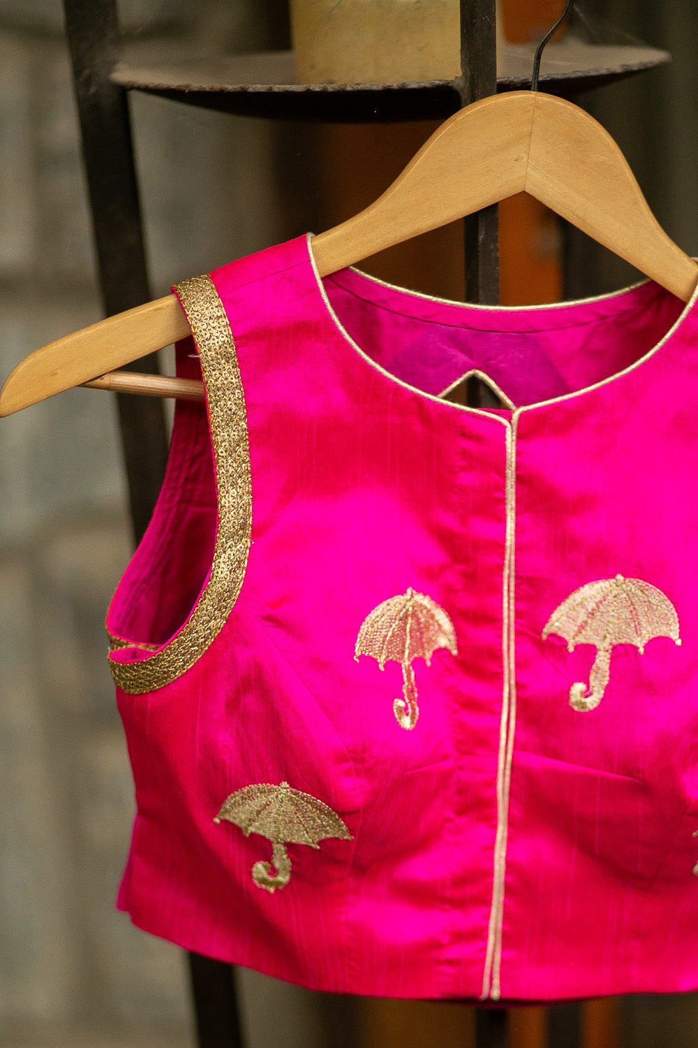 Pink raw silk sleeveless blouse with gold threadwork embroidery and gold sequin border - House of Blouse