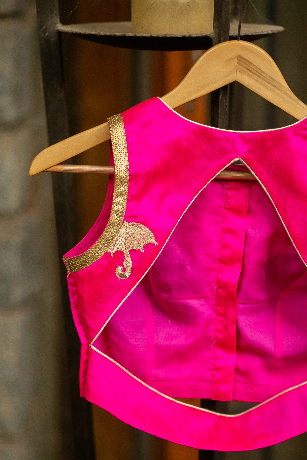 Pink raw silk sleeveless blouse with gold threadwork embroidery and gold sequin border - House of Blouse