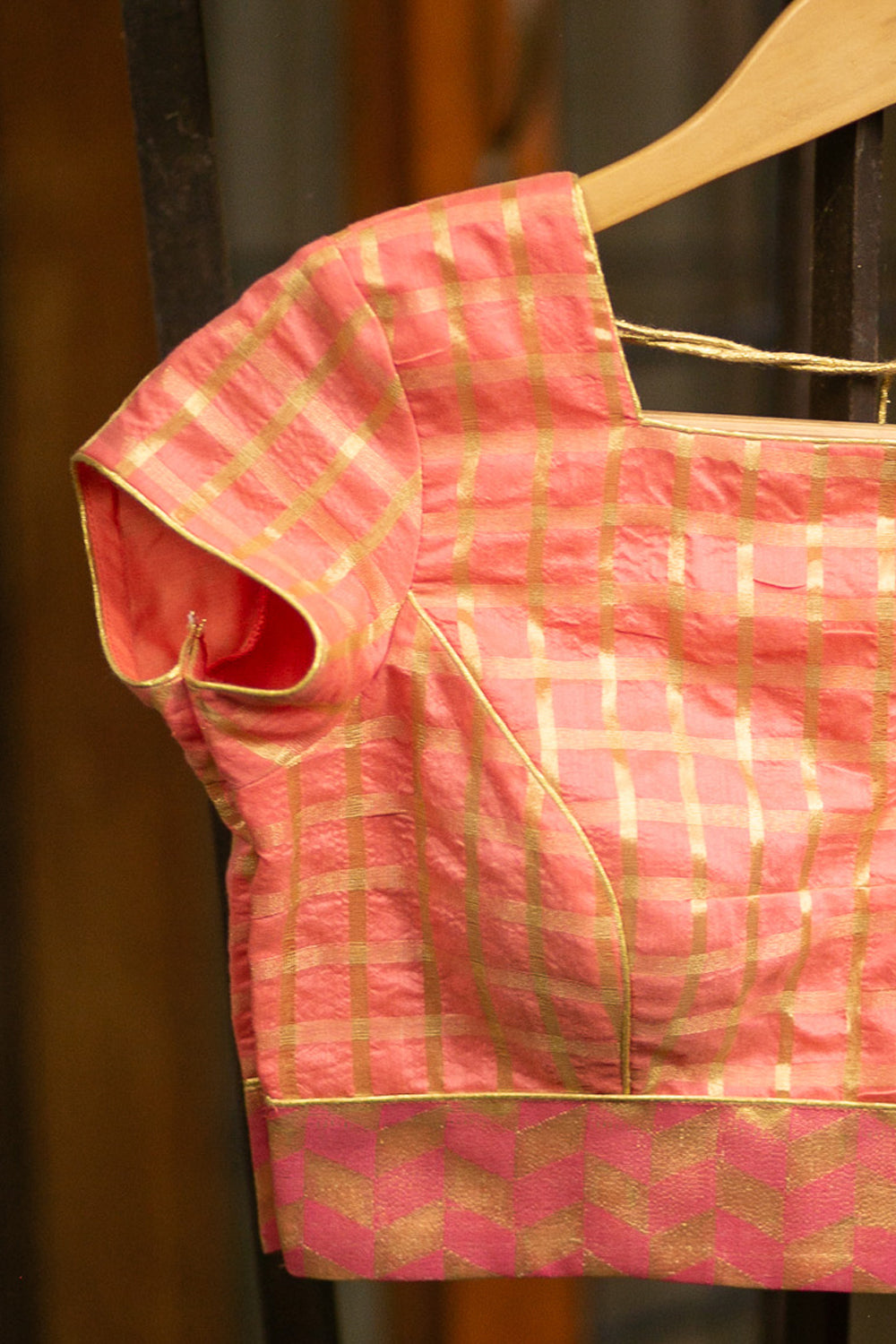 Peach and gold checked chanderi cotton silk square neck blouse with brocade border detailing - House of Blouse