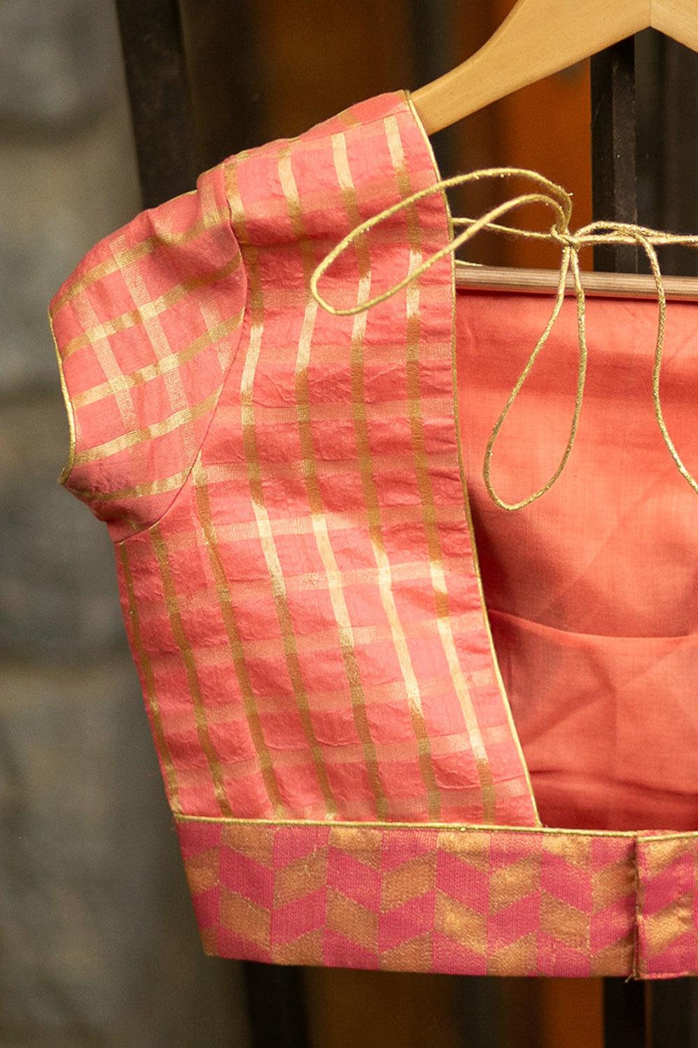 Peach and gold checked chanderi cotton silk square neck blouse with brocade border detailing - House of Blouse