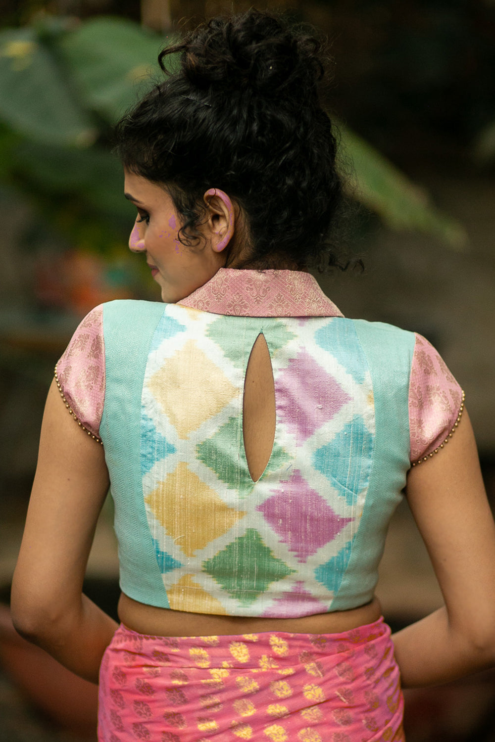 White and multicolour Ikat raw silk mixed fabric V neck collared blouse with gold bead edging - House of Blouse