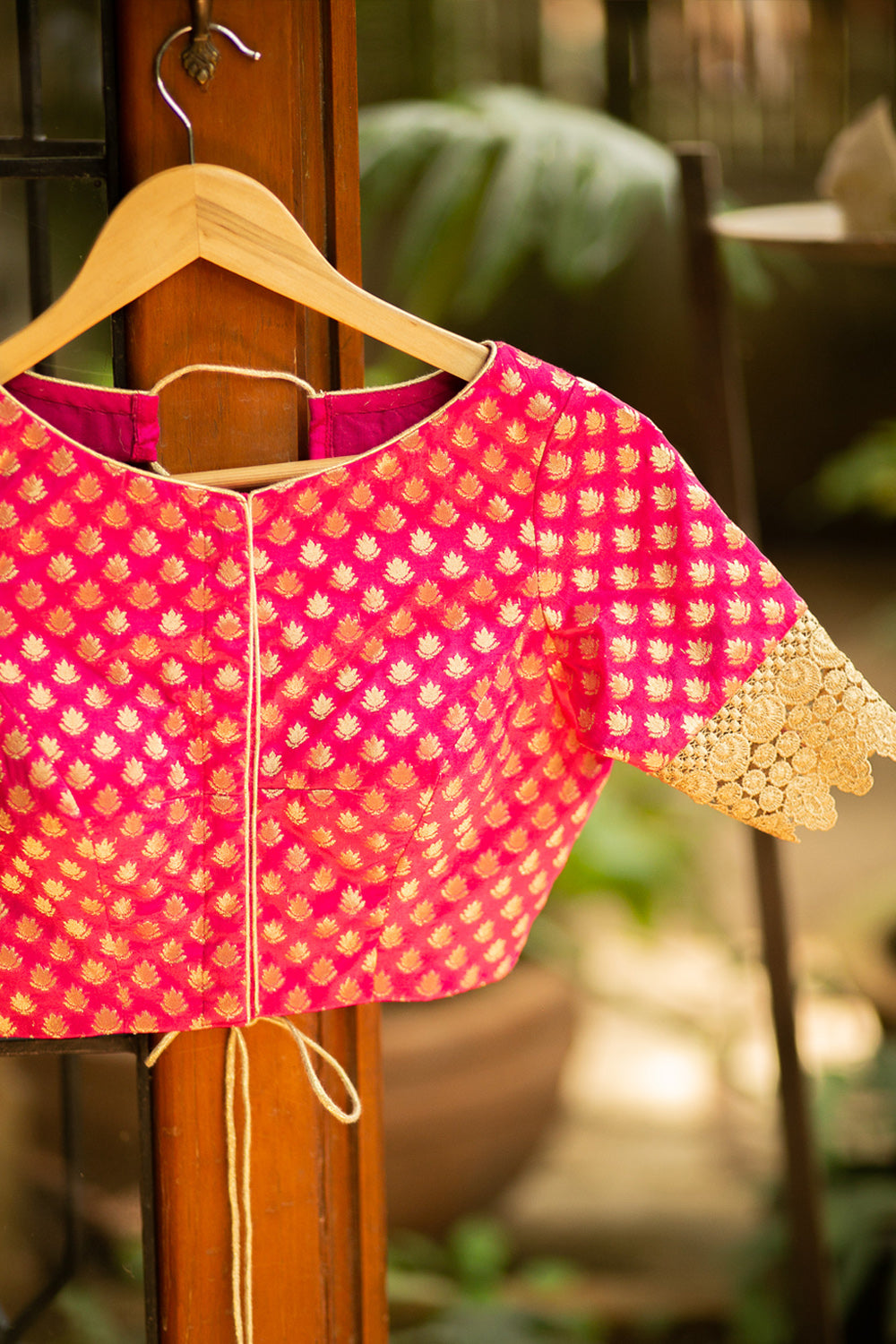 Pink and gold brocade boatneck blouse with tie up back detailing - House of Blouse