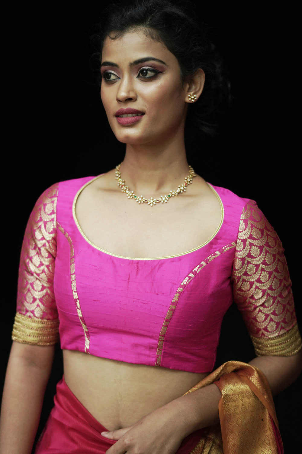 Fuchsia pink raw silk U neck blouse with banarasi brocade sleeves