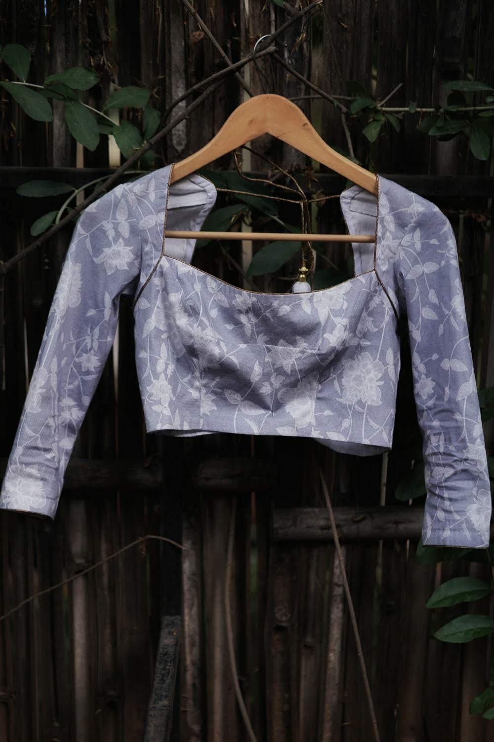Grey floral cotton lycra square neck blouse - House of Blouse